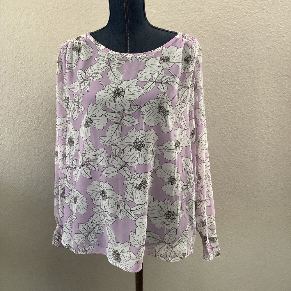 Cabi Lavender Sheer Floral Print Long-Sleeve Scoop Neck Blouse Women's Medium